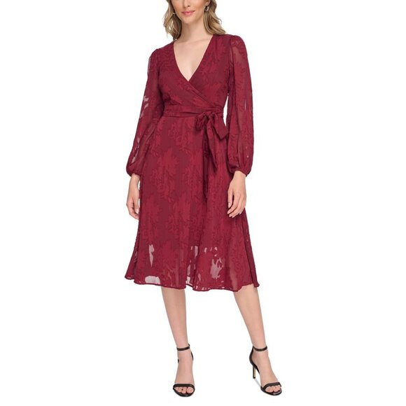 kensie Women's V-Neck Chiffon Fit & Flare Dress Burgundy Size 6 - Picture 1 of 3